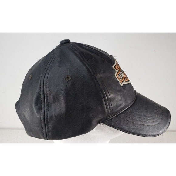 VINTAGE Black Leather Harley-Davidson Motor Cycles Patch Adjustable Hat Cap - Picture 5 of 11